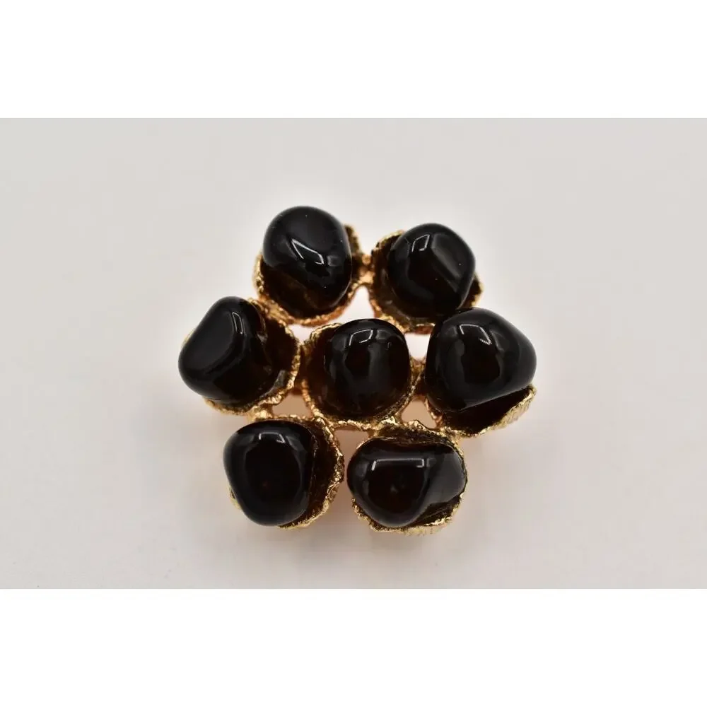 Vintage Cabochon Pin Brooch Black Black Gold Tone Chunky Floral 1990s BinB